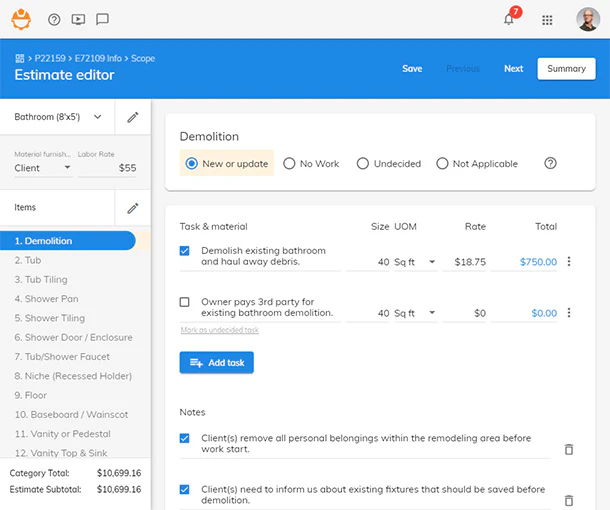 screenshot of 247PRO Estimator